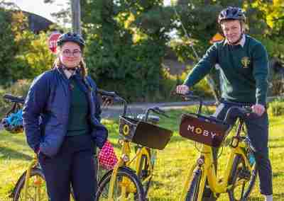 2 students at the opening of the Offaly section of the Grand Canal Greenwy on local bike hire bikes