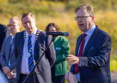 James Lawless talking outside to microphone abut the new Grand Canal Greenway